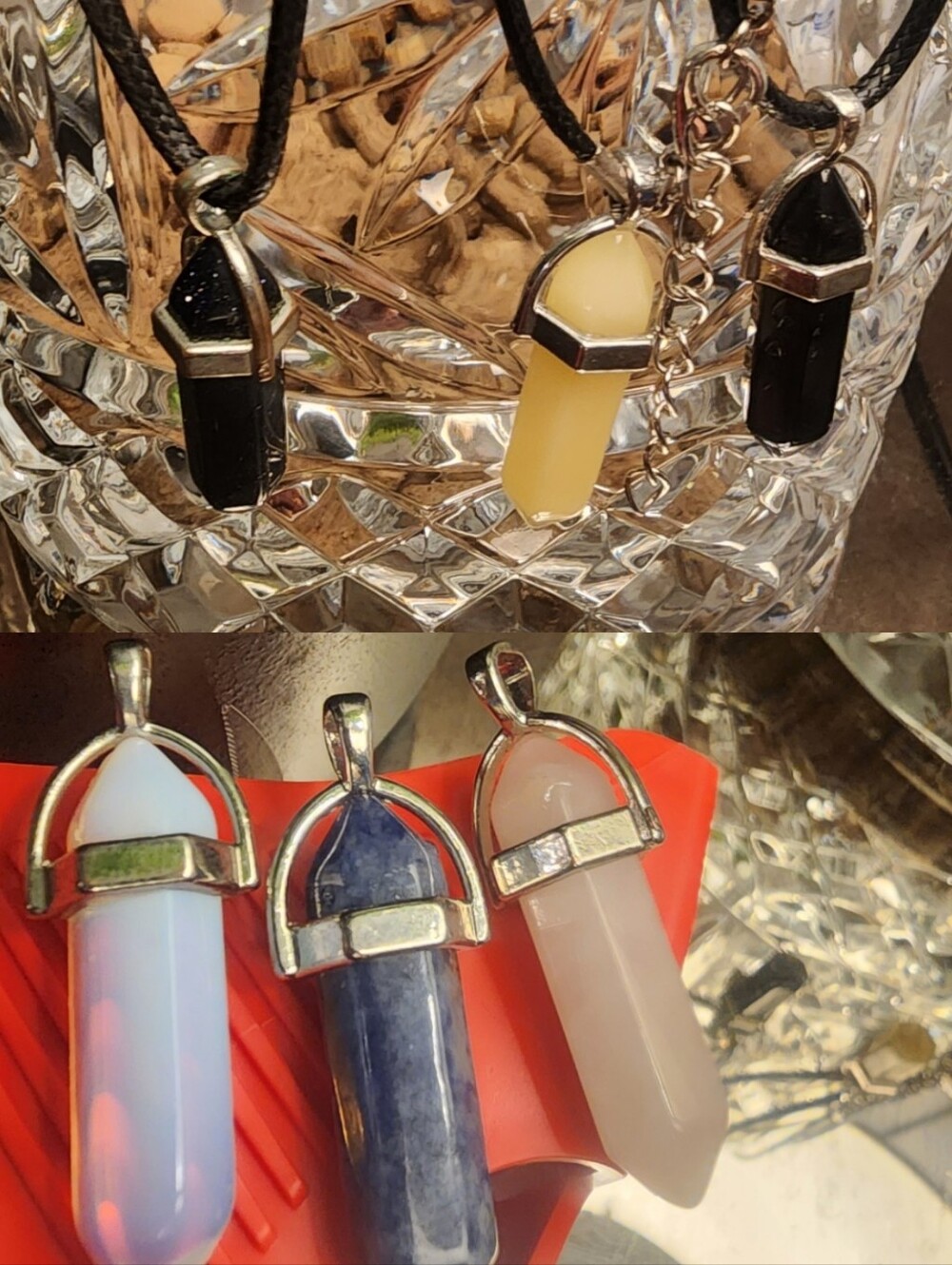 Opalite, Sodalite, Citrine, Black Onyx Or Rose Quartz Hexagonal Point Pendants